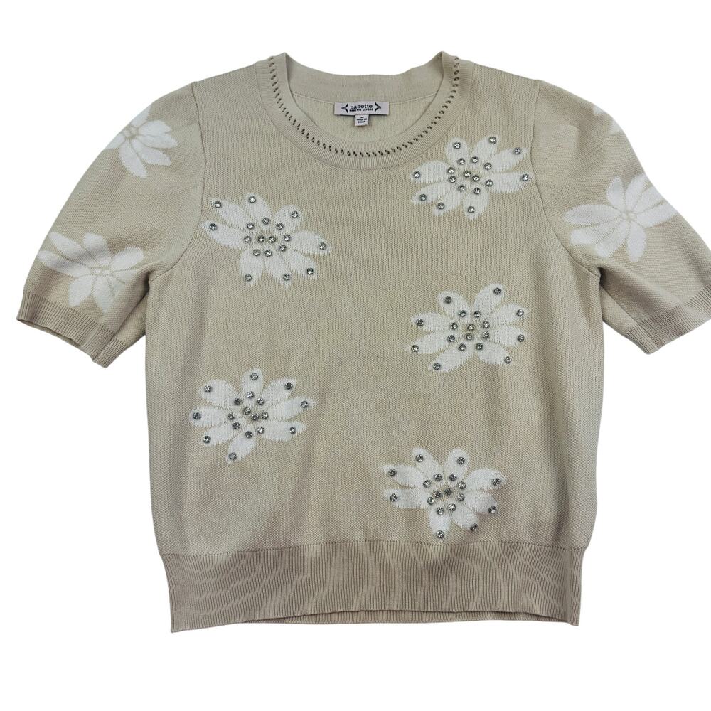 Nanette Lepore Knit Flower Crystal Embellished Short Sleeve Top Women's Size M